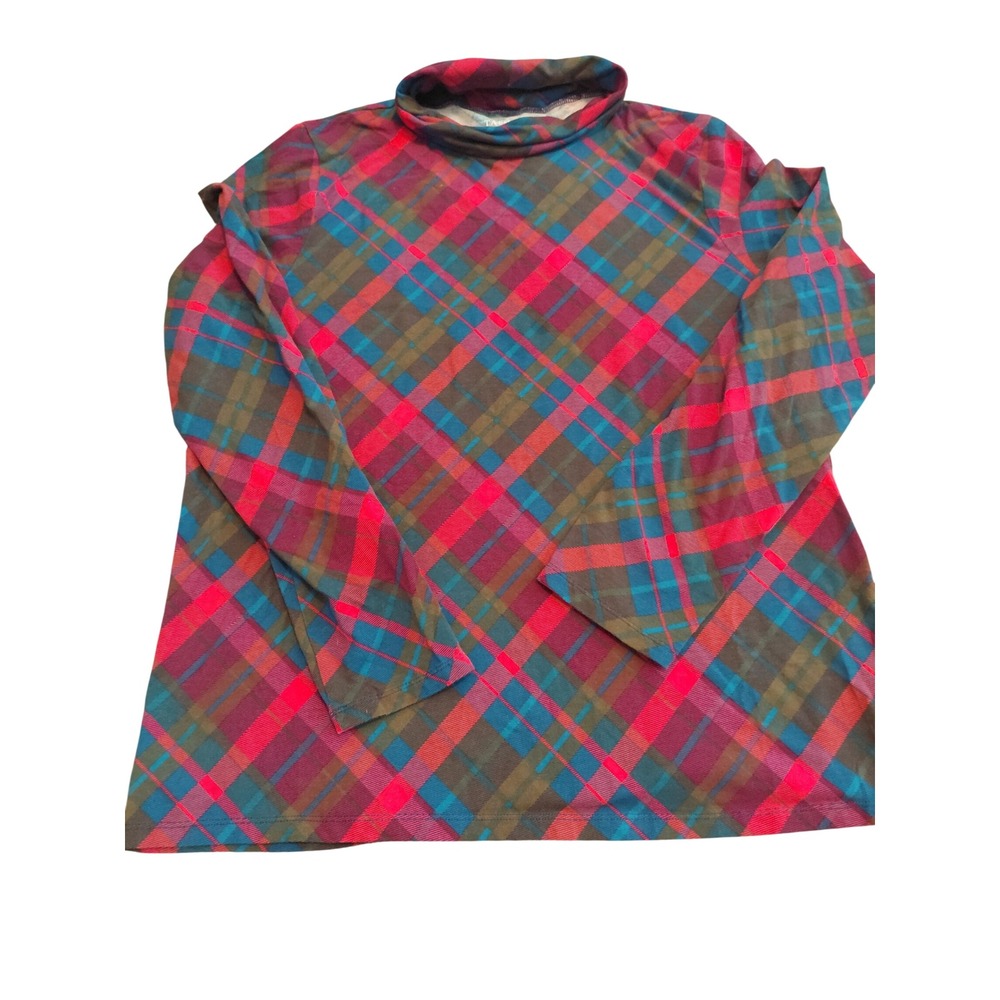 Talbots Womens XL Red Blue Pink Plaid Mock Neck Long Sleeve Cotton Blend Top
